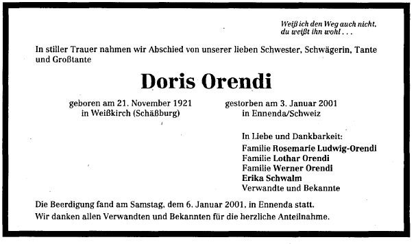 Orendi Doris 1921-2001 Todesanzeige